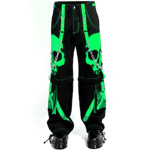 Zappo Sports Gothic Skull Zip-Off Pants – Black Green Cyberpunk Pants with Chains, Convertible Cargo Pants, Punk Rave Streetwear