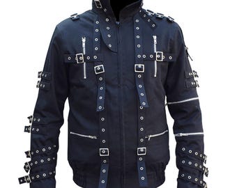 Męska czarna kurtka gotycko-punkowa – ręcznie robiony płaszcz z paskiem na klamrę