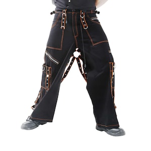 Cyberpunk Rave Pants: Gothic Techwear Trousers with Orange Stitching