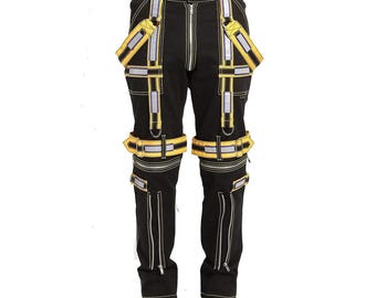 Cyberpunk Bondage Pants with Reflective Yellow Straps – Gothic Industrial Techwear Streetwear by Zappo Sports