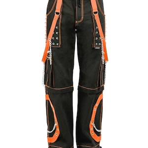 Gothic Chain Pants Black Orange – Zappo Sports Convertible Cargo Pants, Rave Techwear, Cyberpunk Streetwear, Unisex Festival Trousers