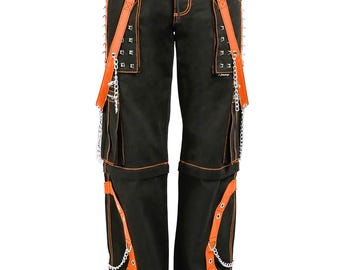 Gothic Chain Cargo Pants: Black & Orange Rave Cyberpunk Trousers