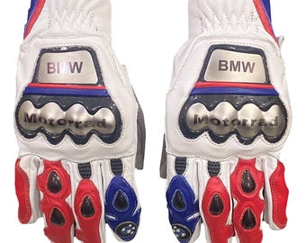 BMW Motorrad White Red Blue Motorbike Racing Leather Gloves | Protective Motorcycle Riding Gear