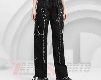 Gothic Punk Chain Cargo Pants: Cyber Y2K Studded Streetwear