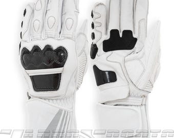 Witte leren motorracehandschoenen, carbon knokkelpantser