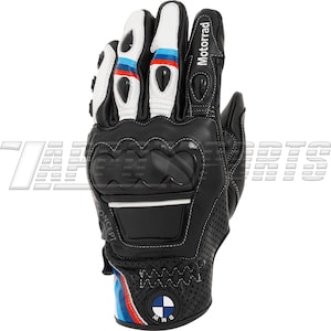 May include: Black and white motorcycle gloves with the BMW logo. The gloves feature a perforated design, knuckle protection, and accents in blue, red, and white. The word "Motorrad" is printed on the side.