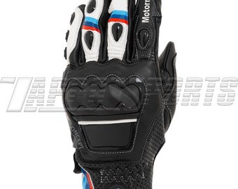 BMW Motorrad Style Racing Gloves Mens Black Leather Tri Color Knuckle Protection Biker Gear