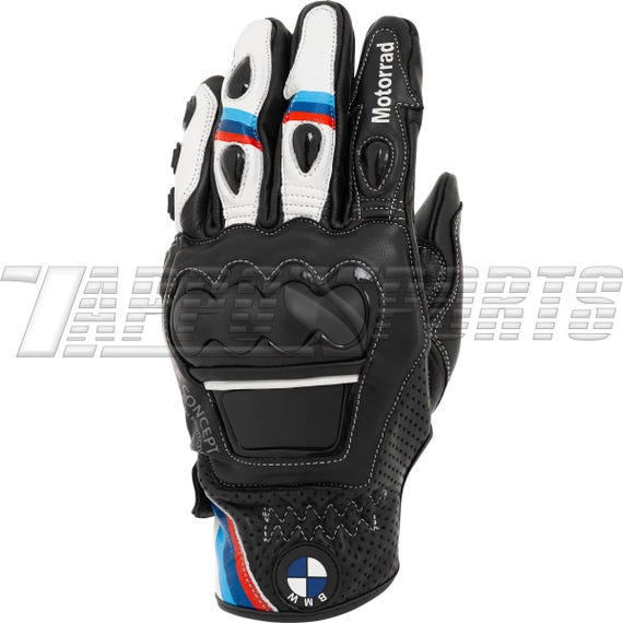 BMW Motorrad Style Racing Gloves Mens Black Leather Tri Color Knuckle Protection Biker Gear