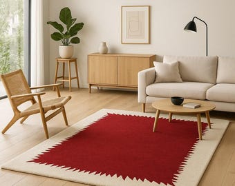 Hand Tufted Red Abstract Wool Rug, Modern Geometric Area Rug, Minimalist Living Room Carpet, Custom Handmade Bedroom Rug