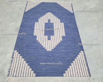Blue Hand Woven Wool Rug, Scandinavian Flatweave Rug, Modern Geometric Area Rug, Minimalist Boho Carpet, Custom Size