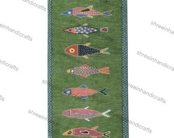 Koi Fish Runner Rug: Green Colorful Carpet Handmade Wool Area Rugs