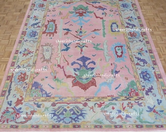 Rosa Oushak Teppich 200x300, Großer Teppich im Türkischen Stil, Bunter Boho Teppich