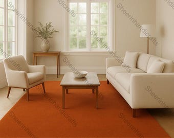 Roestoranje vloerkleed, verbrand oranje handgetuft tapijt, massief modern tapijt, minimalistisch tapijt in warme tinten voor woonkamer, slaapkamerinrichting