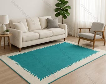 Alfombra de lana turquesa tejida a mano, alfombra geométrica moderna, alfombra para sala de estar en tonos verde azulado y marfil, alfombra minimalista de tamaño personalizado.