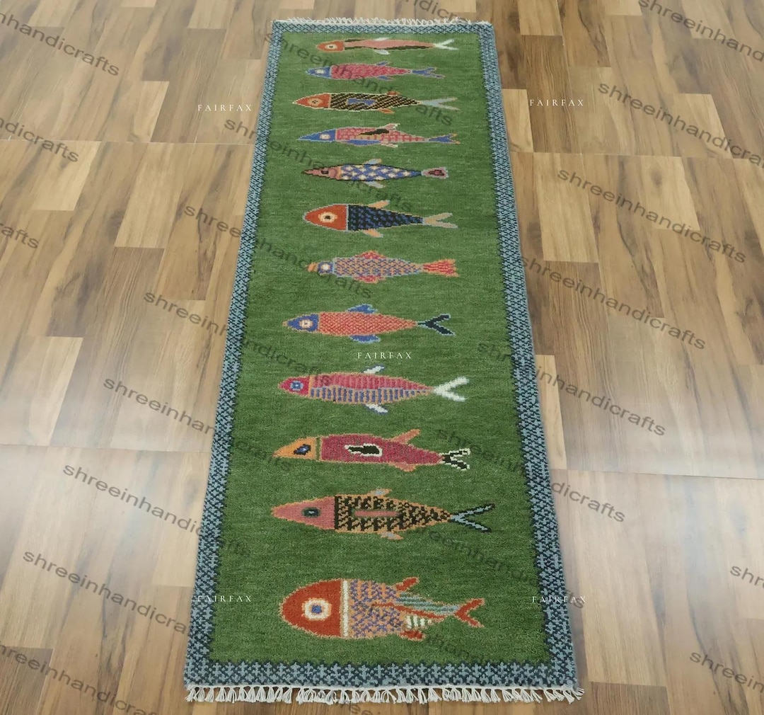 Koi Fish Runner Rug: Green Colorful Carpet Handmade Wool Area Rugs - Etsy