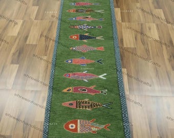 Koi Fish Runner Rug: Green Colorful Carpet Handmade Wool Area Rugs