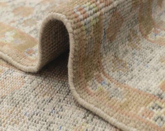 Hand Knotted Wool Area Rug, Muted Beige Olive Oushak Rug, Vintage Style Neutral Carpet, Modern Distressed  Rug, Custom Size Living Room Rug