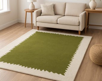 Olivgrüner handgetufteter Wollteppich, moderner minimalistischer Teppich, Wohnzimmerteppich in Sondergröße, Handgefertigter Teppich