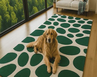 Green Polka Dot Rug, Abstract Spot Area Rug, Modern Hand Tufted Carpet, Minimalist Cream Green Rug for Living Room Bedroom Decor