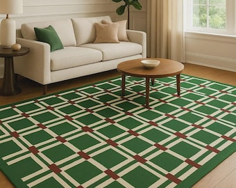 Grüner, handgetufteter, geometrischer Teppich, moderner Wollteppich mit Karomuster, smaragdgrüner Karoteppich, zeitgenössischer Wohnzimmerteppich