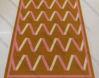 Modern Zigzag Area Rug, Geometric Pattern Carpet, Mustard Pink Contemporary Rug, Boho Minimalist Rug, Handmade Living Room Decor carpet