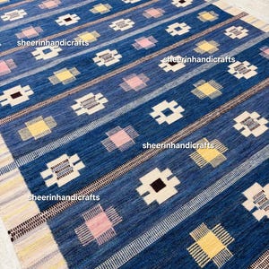 Swedish Marianne Richter Inspired kilim rug,Handwoven rug, blue kilim rug,kilim rug 5x8,large area rug,flat weave wool rug,wool rug 8x11.