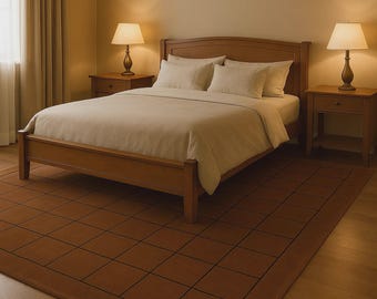 Bruin handgetuft vloerkleed met rasterpatroon, modern geometrisch wollen vloerkleed, minimalistisch chocoladebruin tapijt, eigentijds slaapkamerkleed