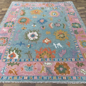 Handknuten rosa blå blommig matta, Area matta, pastellfärgad turkisk matta, konstnärlig vardagsrumsmatta, anpassad storlek