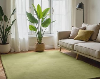 Solid Olive Green Hand Tufted Wool Rug, Minimalist Modern Area Rug, Plain Green Carpet, Contemporary Living Room Rug, Custom Size Rug