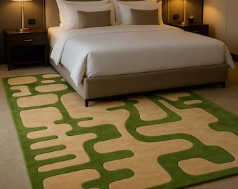 Olive Green Abstract Rug, Modern Beige Green Area Rug, Hand Tufted Minimalist Carpet, Scandinavian Living Room Bedroom Rug