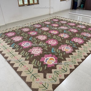 Alfombra kilim sueca inspirada en Marianne Richter, alfombra de lana, alfombra tejida a mano, alfombra kilim 8x10, alfombra de área grande, alfombra kilim marrón, alfombra de lana de tejido plano.