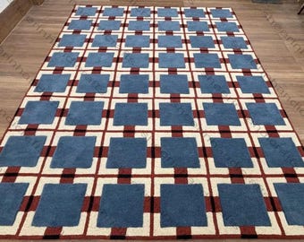 Blue Checkered Hand Tufted Area Rug, Modern Geometric Wool Carpet,Contemporary Living Room Decor, Custom Size