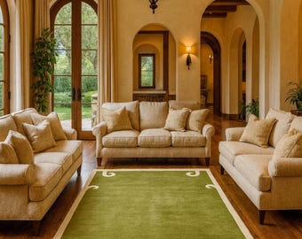 Handmade olive Green Wool Area Rug, Nordic knots Design, Minimalist Carpet