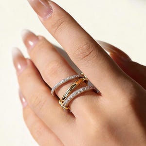 14K Gold Interlocking Ring, Multi Link Stackable Band,Elegant Eternity Statement Ring