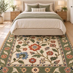 May include: A rectangular area rug featuring a cream-colored center with a floral pattern in shades of red, blue, and green. The rug has a wide green border decorated with repeating flower motifs and a thin geometric trim, placed under a bed.