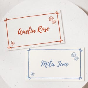 Hand-Drawn Floral Place Cards Template, Whimsical Wedding Place Card, Printable Flat and Folded  Table Name Tags, Diner Party Setting DIY