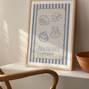 Seashell Arte Poster - Artful Ocean wall Art, Marine Life Decor, Sea Shell Printable, Beach House Decorer, Blue Stripe, Digital Download