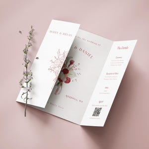 Hand Drawn Gatefold Wedding Invitation Template; Line Art Bouquet & Watercolor Bouquet, Canva Printable Design