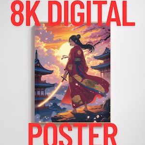 Anime Samurai Girl Wall Art | Digital Download | Japanese Aesthetic Sunset Poster | Cherry Blossom Warrior Printable Decor