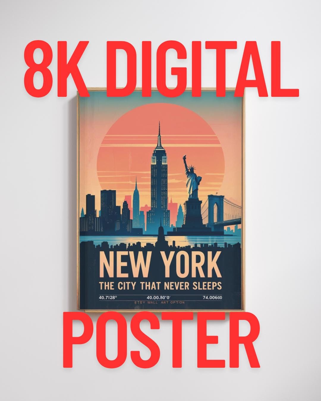New York City Digital Print, Retro NYC Skyline Wall Art Download ...
