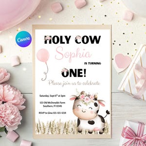 Heilige koe verjaardagsuitnodiging Heilige koe ik ben één verjaardag meisje uitnodiging Heilige koe verjaardag Heilige koe verjaardag thema eerste verjaardagsfeestje meisje
