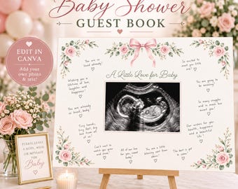 Gästebuchschild für die Babyparty, Erinnerungsposter für Ultraschallfotos, bearbeitbare Canva-Vorlage