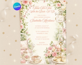 Op de afbeelding: Een rechthoekige uitnodiging voor een bruidsfeest met een bloemenrand van roze rozen en groene bladeren. De tekst luidt: Time For Tea With the Bride-To-Be, ter ere van Isabella Martinez op zaterdag 15 augustus om 11:00 uur 's ochtends.