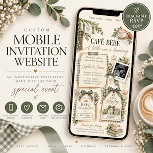May include: A smartphone displaying a custom mobile invitation website for a baby shower with a cafe theme. The screen features text including CAFÉ BÉBÉ, A little one is brewing, RSVP, and Baby Registry, decorated with green ribbons and coffee graphics.