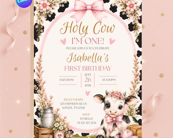 Holy Cow I'm One Birthday Invitation | Editable Canva Template | Pink Cowgirl First Birthday Invite | Farm Birthday Party | Digital Download