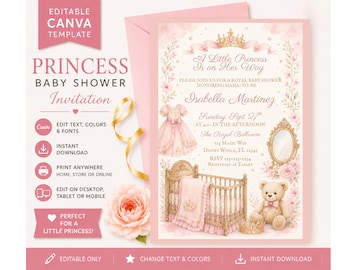 Princess Baby Shower Invitation | Editable Canva Template | Baby Girl Shower | Digital Download