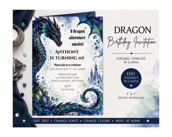 Dragon Birthday Invitation | Editable Canva Template | Kids Dragon Party | Digital Download
