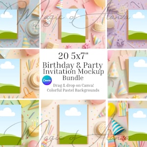 May include: A digital bundle of 20 5x7 inch birthday and party invitation mockups featuring a light blue sky with a white cloud and green rolling hills graphic, displayed against various colourful pastel backgrounds with party supplies.