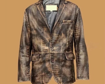 Crocodile Leather Men's Biker Jacket, Handmade Embossed Men Leather Blazer Coat