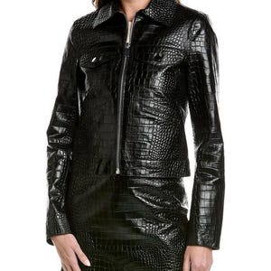 Women&#39;s Luxury Lambskin Leather Jacket Crocodile Print Stylish Coat